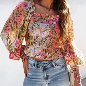 Fate Women’s Tropical Floral Patchwork Smocked Blouse Size XL